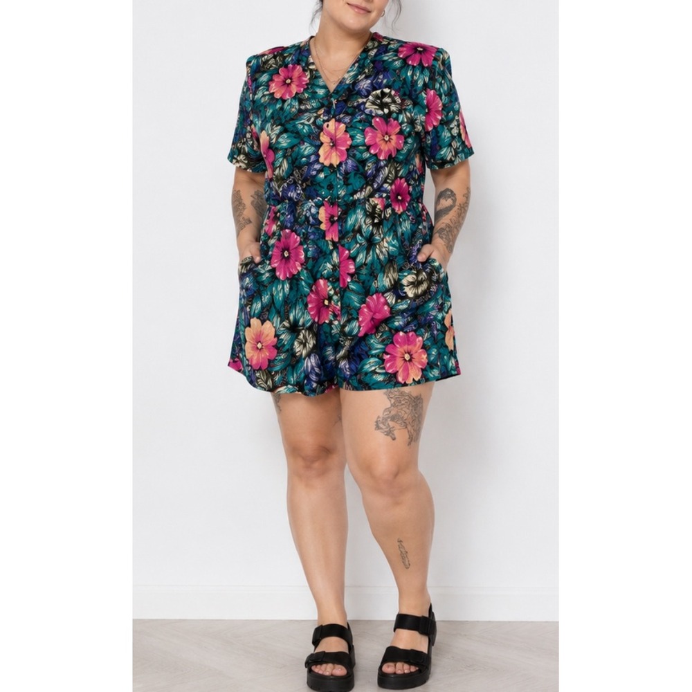 Jacque & Koko Vintage 90s Floral Romper Plus Size 18/20 Tropical Rayon Teal Pink